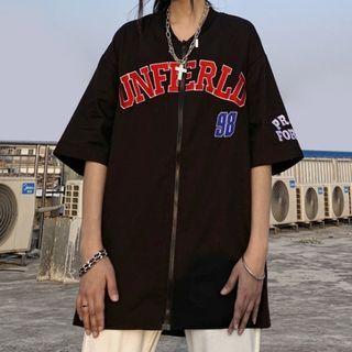 Elbow-sleeve Lettering Zip Shirt