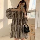 Puff-sleeve Print A-line Dress Gray - One Size