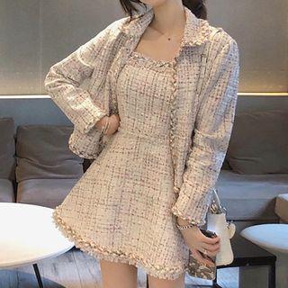 Set: Tweed Jacket + Spaghetti Strap Tweed Mini A-line Dress