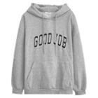 Long-sleeve Lettering Embroidered Hoodie Gray - One Size