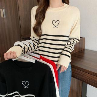 Long-sleeve Heart Print Striped Sweater