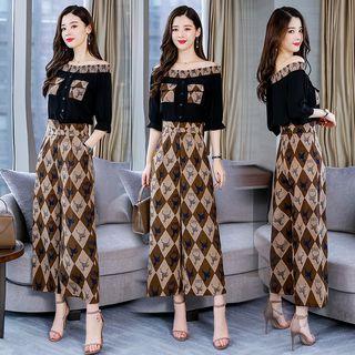 Set: Off-shoulder Top + Patterned Wide Leg Pants