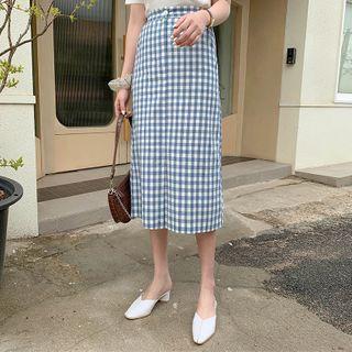 Gingham Slit Midi A-line Skirt