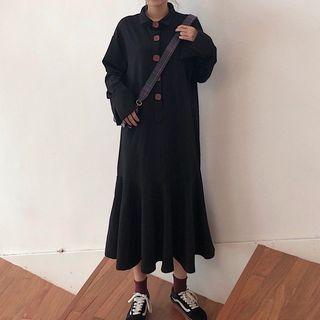 Long-sleeve Square Button Midi Shirt Dress Black - One Size