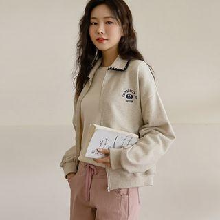 Embroidered-collar Letter Zip-up Jacket