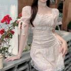 Short-sleeve Square Neck Floral Lace Trim Mini A-line Dress