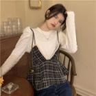 Puff-sleeve T-shirt / Plaid Camisole Top