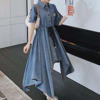 Short-sleeve Henley Asymmetrical Denim Mini Shirt Dress