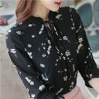 Frill Bow Long-sleeved Floral Print Loose-fit Chiffon Sheath Top
