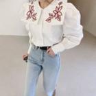 Floral Embroidered Wide-collar Blouse Ivory - One Size