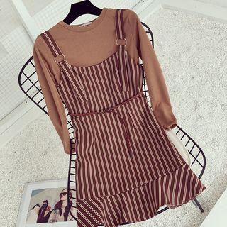 Set: Plain Long Sleeve T-shirt + Striped Pinafore Dress