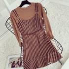 Set: Plain Long Sleeve T-shirt + Striped Pinafore Dress