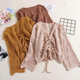 V-neck Drawstring Pointelle-knit Top