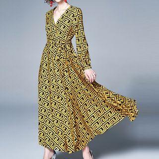 Long-sleeve Patterned Maxi Wrap Dress