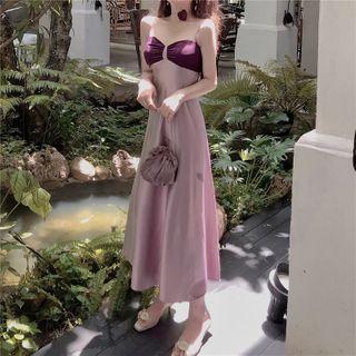 Spaghetti Strap Two-tone Midi A-line Dress / Lace Cropped Cardigan