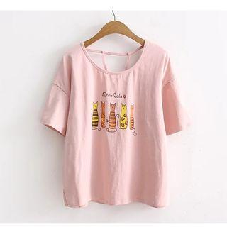 Cat Print Short-sleeve Open Back T-shirt