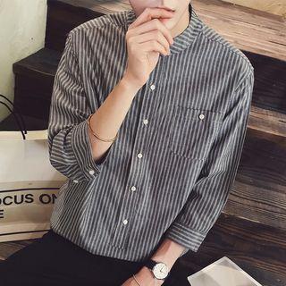 Striped 3/4-sleeve Band Collar Shirt