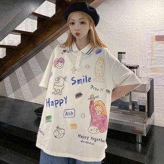 Elbow-sleeve Cartoon Printed Polo-shirt