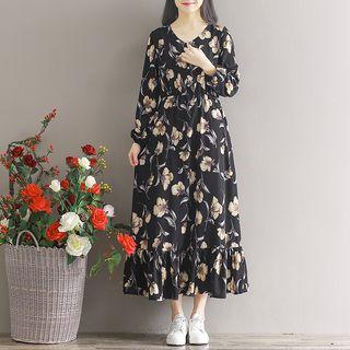 Floral Print V-neck Long Sleeve Midi Dress