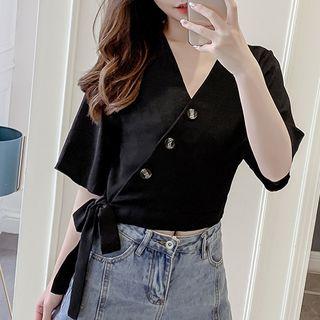 Elbow-sleeve Asymmetric Buttoned Ribbon Top