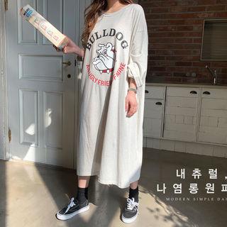 Dog Print Long T-shirt Dress Oatmeal - One Size