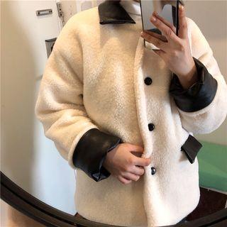Faux Leather Collar Fleece Coat Milky White - One Size