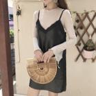 Long-sleeve Top / Faux Leather Lace Panel Spaghetti Strap Dress