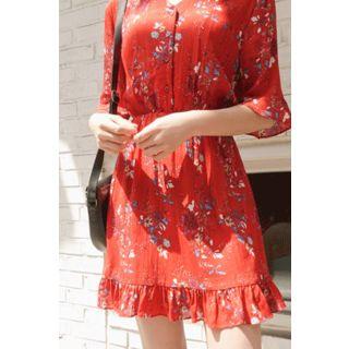 Tie-waist Buttoned Floral Mini Dress