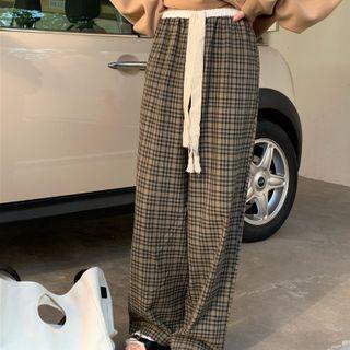 Plaid Wide Leg Pants Plaid - Grayish Brown & Black - One Size