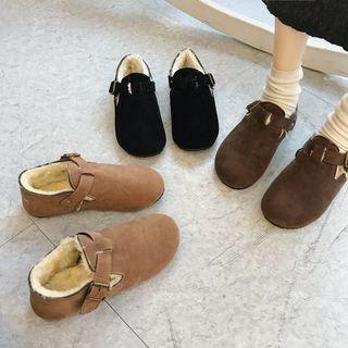 Faux Suede Fleece-lined Buckled Flats