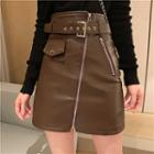 Faux Leather A-line Skirt / Long-sleeve Top