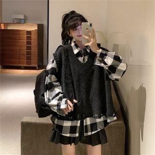 Long-sleeve Plaid Shirt / Distressed Sweater Vest