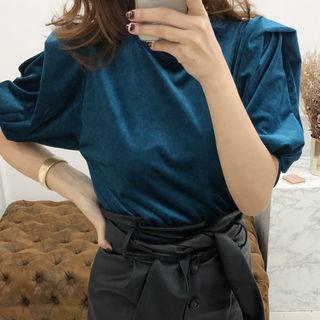 Puff-shoulder Short-sleeve Velvet Top