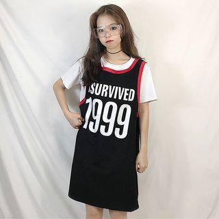 Mock-two Print Loose-fit Short-sleeve Dress