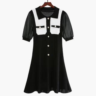 Polo Puff-sleeve Color Block Knit Dress Black - M