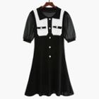 Polo Puff-sleeve Color Block Knit Dress Black - M