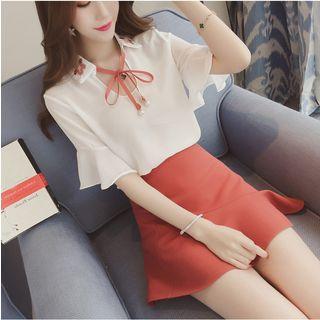 Set: Elbow-sleeve Chiffon Top + Skirt