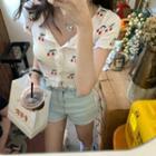 Short-sleeve Cherry Print Knit Top Top - Red Cherries - White - One Size
