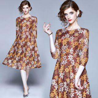 3/4-sleeve Floral Jacquard Midi A-line Dress