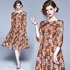 3/4-sleeve Floral Jacquard Midi A-line Dress