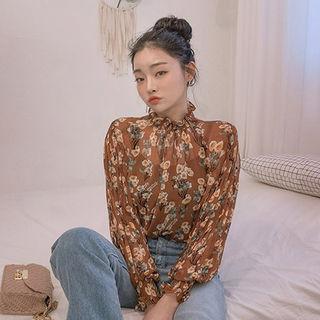 Tie-neck Smocked Floral Chiffon Top