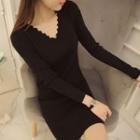 V-neck Long Sleeve Rib Knit Mini Dress