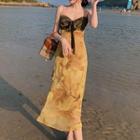 Spaghetti Strap Color Block Panel Midi A-line Dress