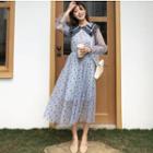 Long-sleeve Lace-trim Dotted Midi A-line Dress