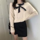 V-neck Bow Cable Knit Sweater