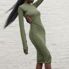 Long-sleeve Cut-out Contrast Trim Sheath Dress