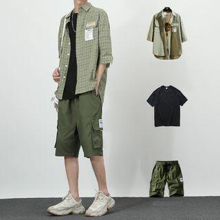 Plaid 3/4-sleeve Shirt / Cargo Shorts / Short-sleeve T-shirt / Set