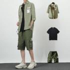 Plaid 3/4-sleeve Shirt / Cargo Shorts / Short-sleeve T-shirt / Set