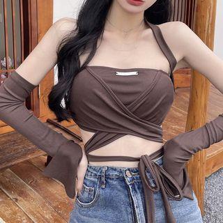 Set: Halter Tie-waist Camisole Top + Arm Sleeves Set Of 2 - Camisole & Arm Sleeves - Coffee - One Size