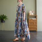 Short-sleeve Patterned Maxi Smock Dress Blue - One Size